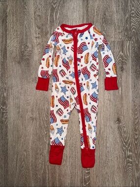 Caden Lane Red, Blue & Yellow Patriotic Hot Dog Print Footie bamboo 3 6 months